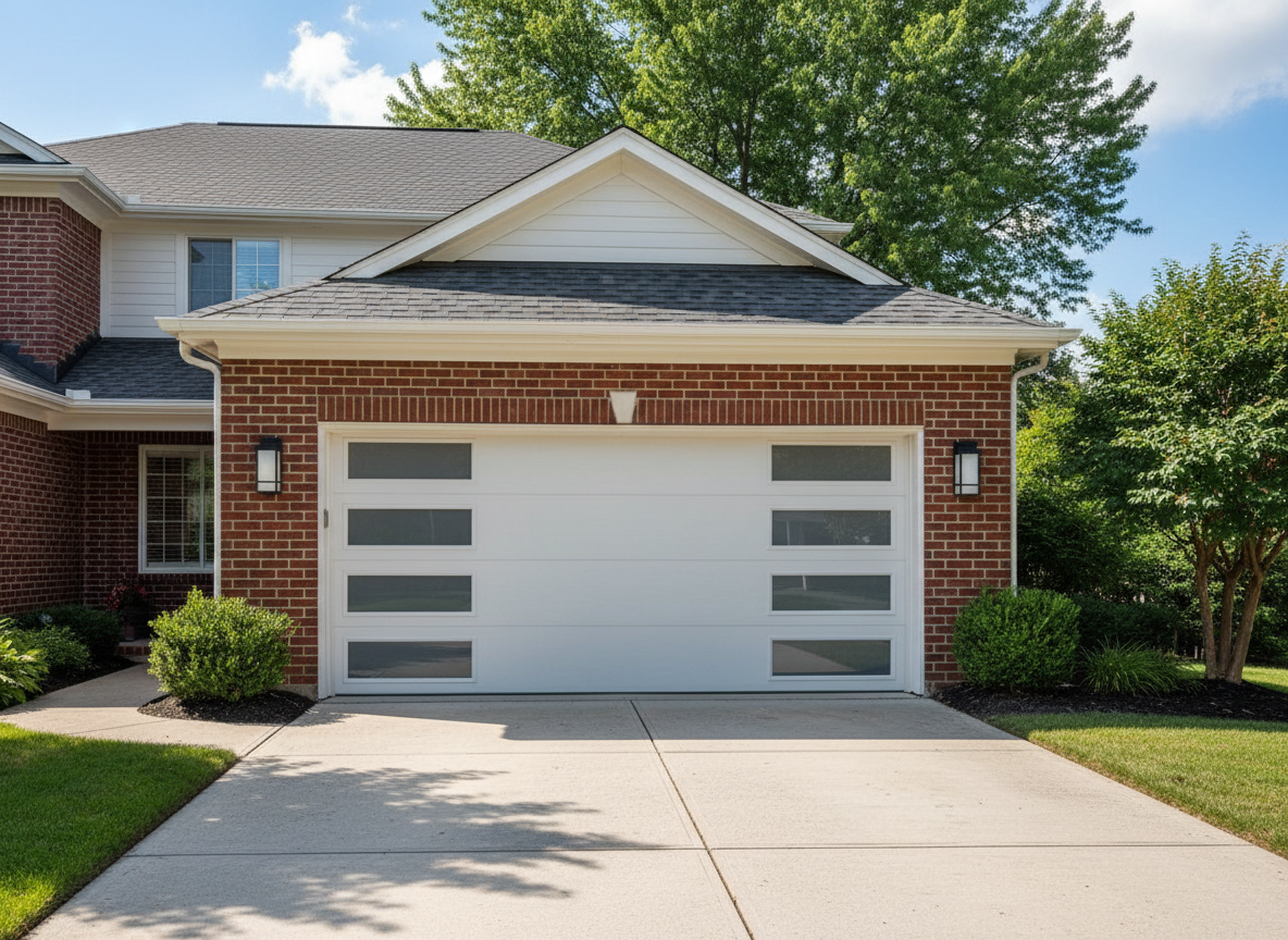 clean, well-lit residential garage door exterior, modern white paneled door on a brick suburban home, front driveway, daytime