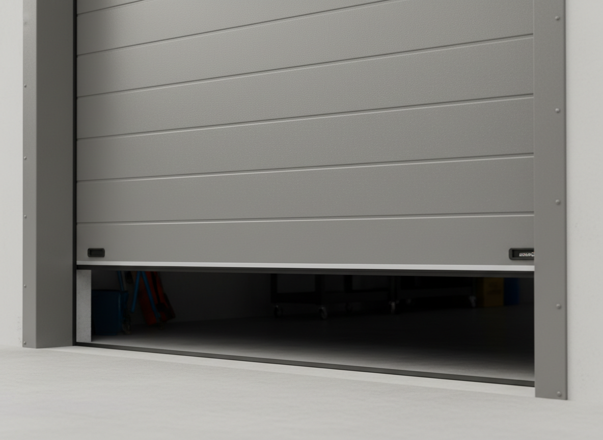 garage door close-up, sturdy steel sectional door slightly open, showing interior shadows, neutral colors, professional look
