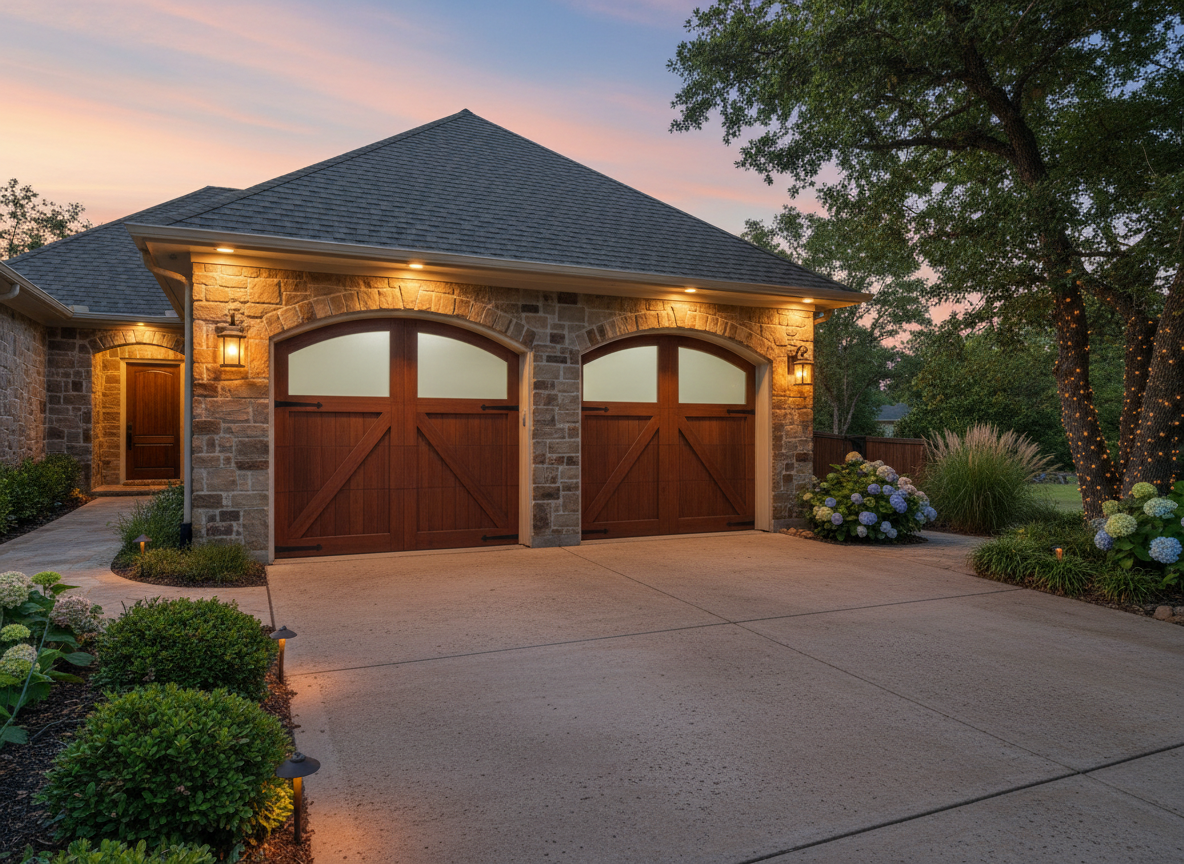 two-car garage with wooden carriage-style doors, warm evening light, landscaped driveway and exterior lighting